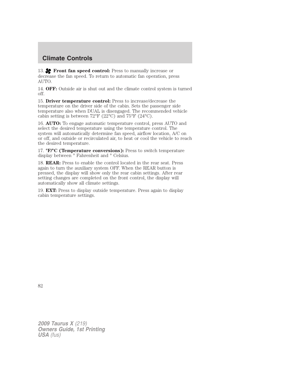 Climate controls | FORD 2009 Taurus X v.1 User Manual | Page 82 / 360