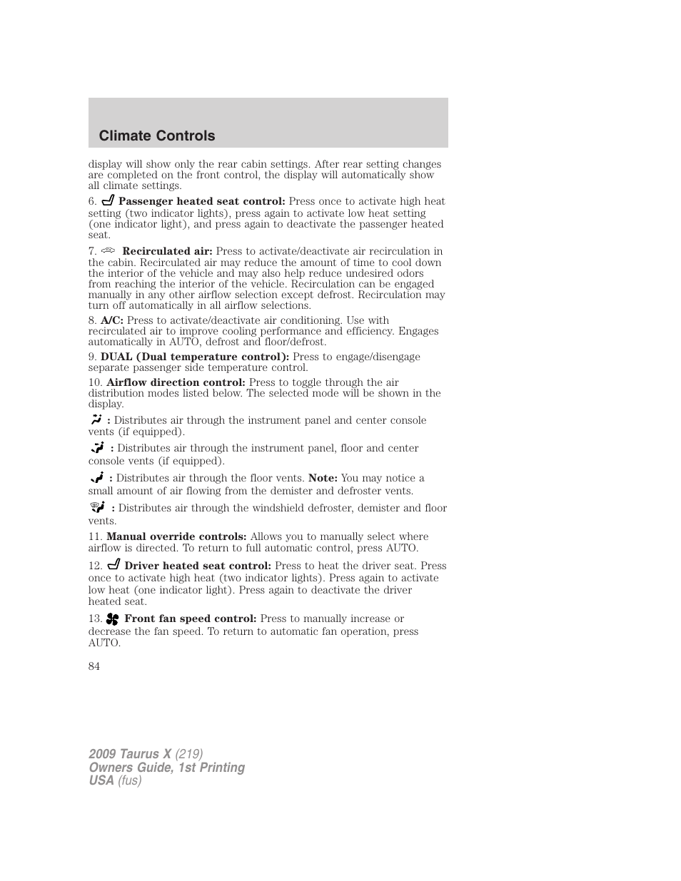 Climate controls | FORD 2009 Taurus X v.1 User Manual | Page 84 / 360