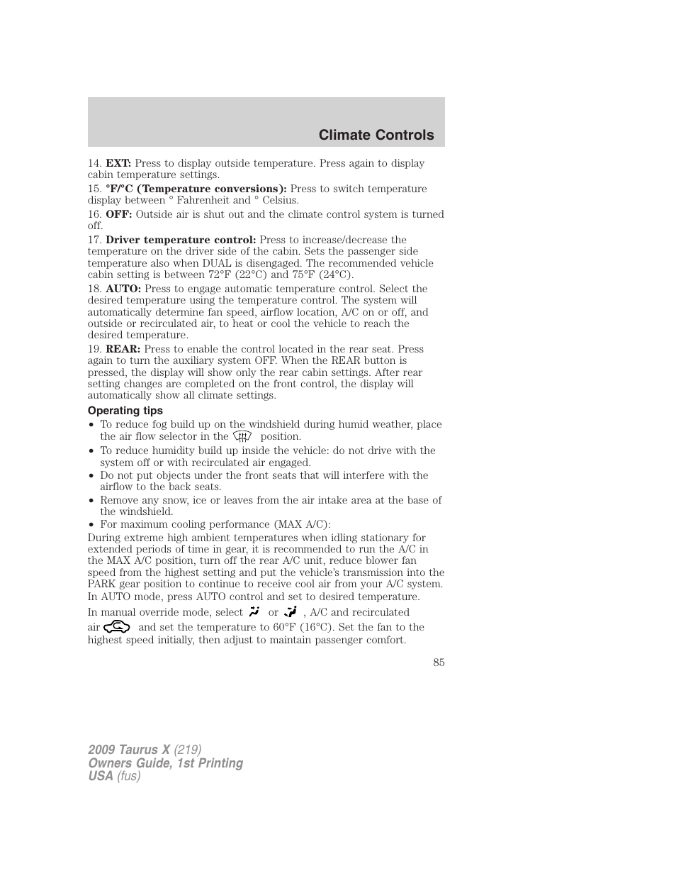 Operating tips, Climate controls | FORD 2009 Taurus X v.1 User Manual | Page 85 / 360