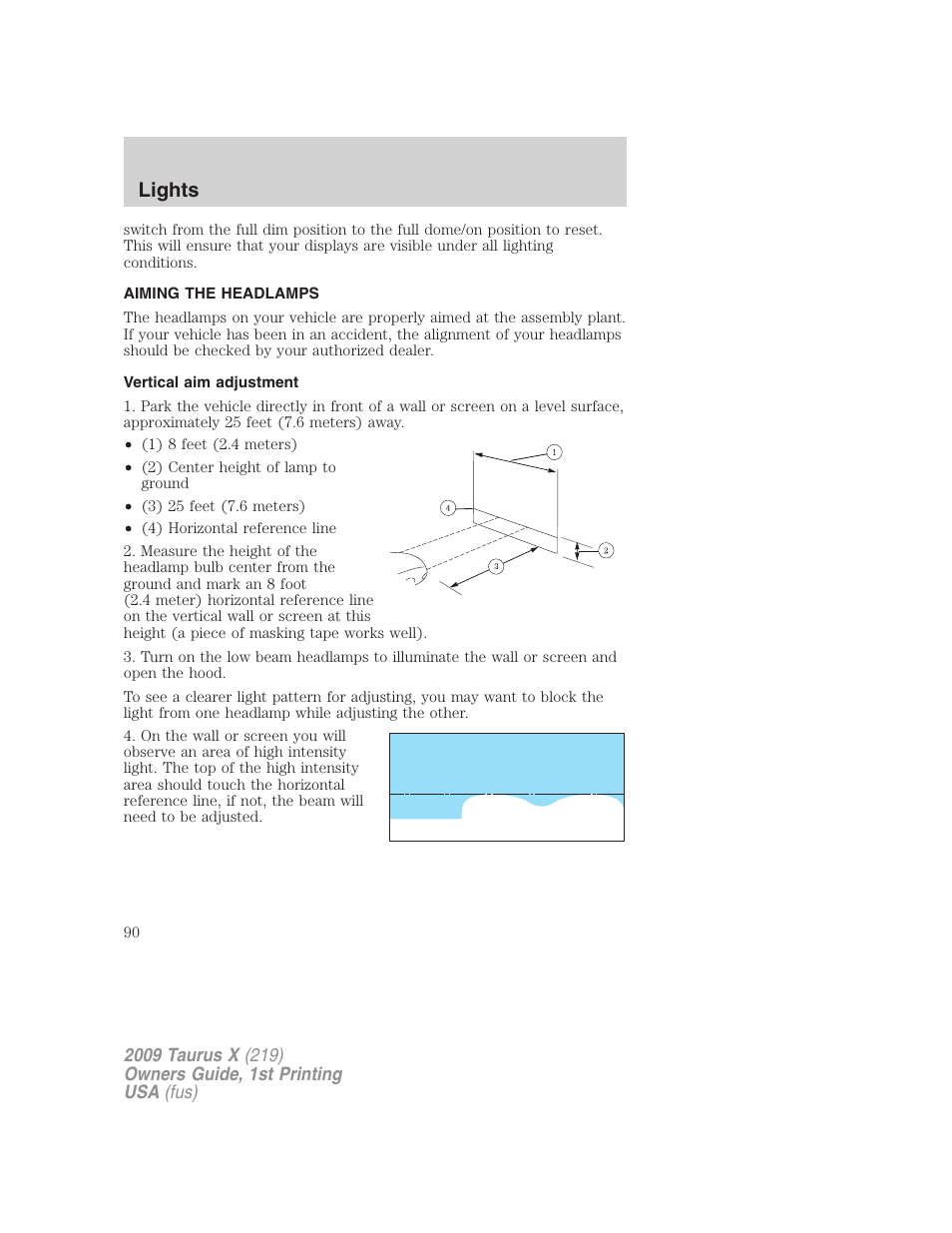 Aiming the headlamps, Vertical aim adjustment, Lights | FORD 2009 Taurus X v.1 User Manual | Page 90 / 360