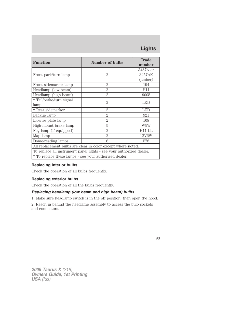 Replacing interior bulbs, Replacing exterior bulbs, Replacing headlamp (low beam and high beam) bulbs | Lights | FORD 2009 Taurus X v.1 User Manual | Page 93 / 360