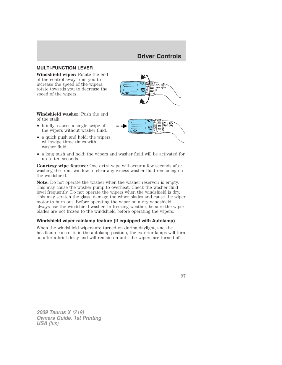 Driver controls, Multi-function lever, Windshield wiper/washer control | FORD 2009 Taurus X v.1 User Manual | Page 97 / 360