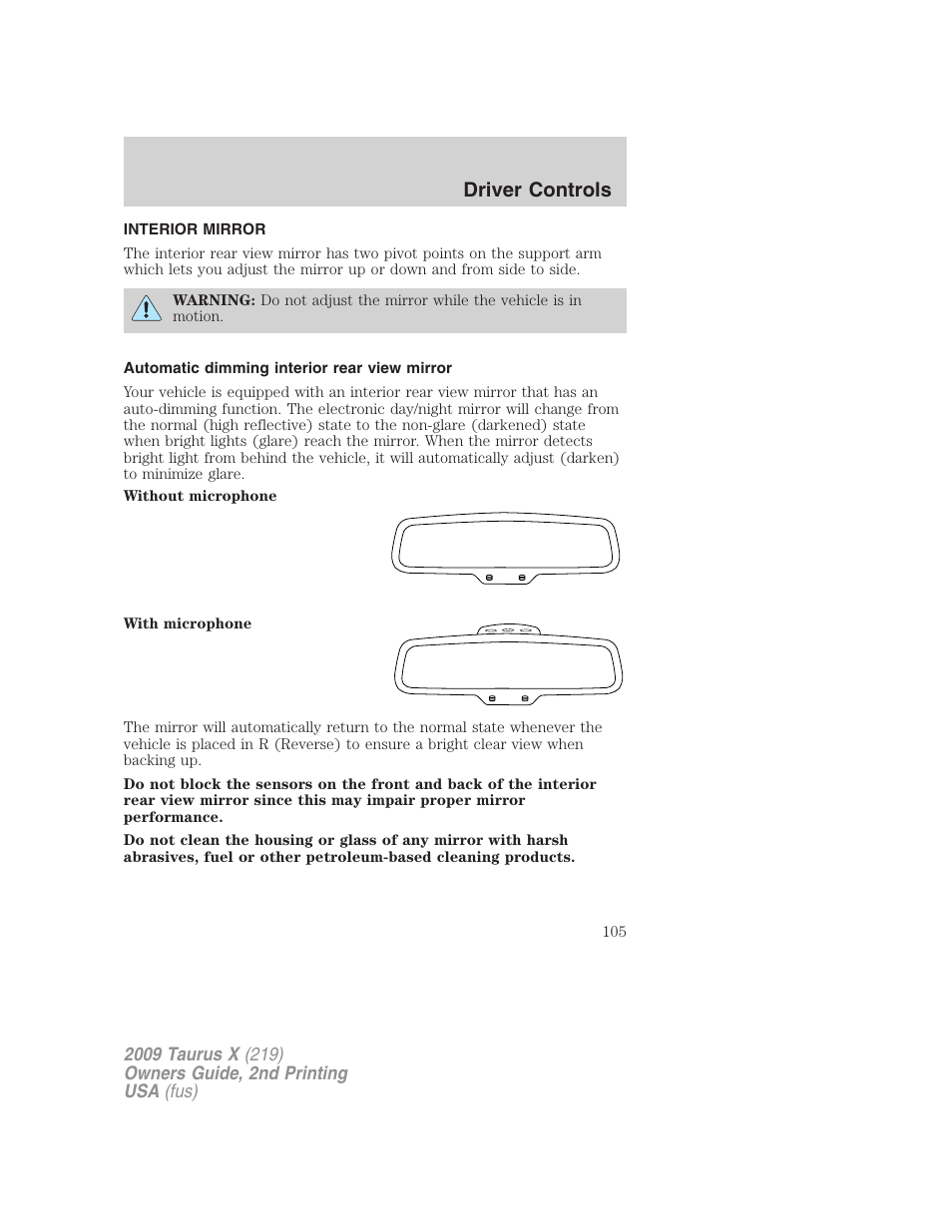 Interior mirror, Automatic dimming interior rear view mirror, Mirrors | Driver controls | FORD 2009 Taurus X v.2 User Manual | Page 105 / 358