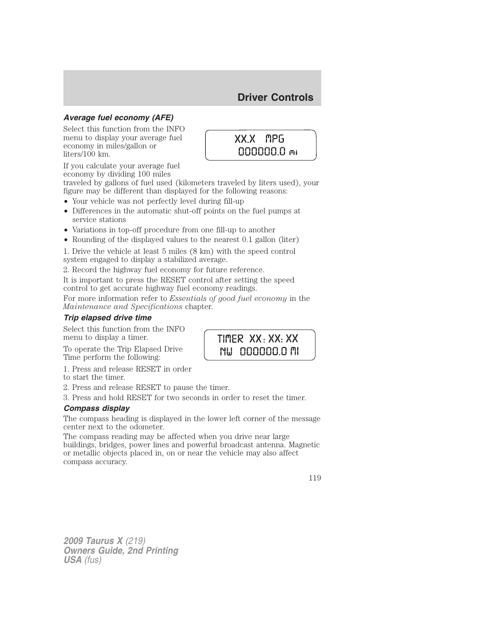 Average fuel economy (afe), Trip elapsed drive time, Compass display | Driver controls | FORD 2009 Taurus X v.2 User Manual | Page 119 / 358