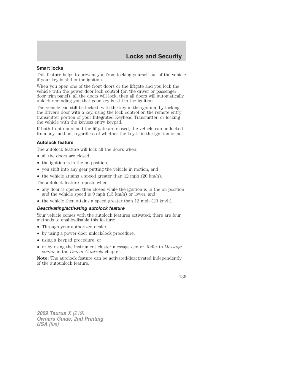 Smart locks, Autolock feature, Deactivating/activating autolock feature | Locks and security | FORD 2009 Taurus X v.2 User Manual | Page 135 / 358