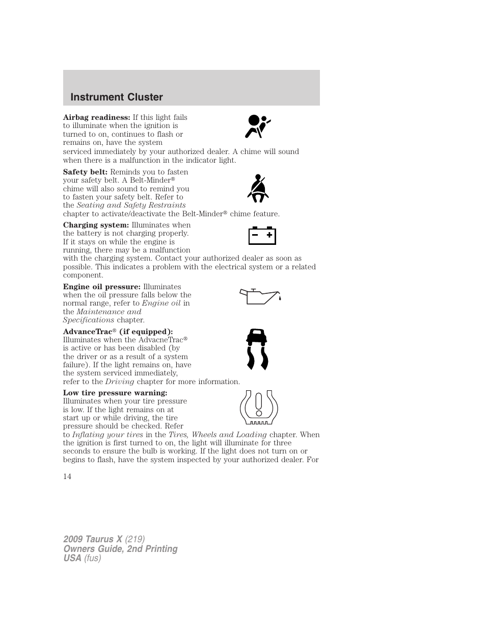 Instrument cluster | FORD 2009 Taurus X v.2 User Manual | Page 14 / 358