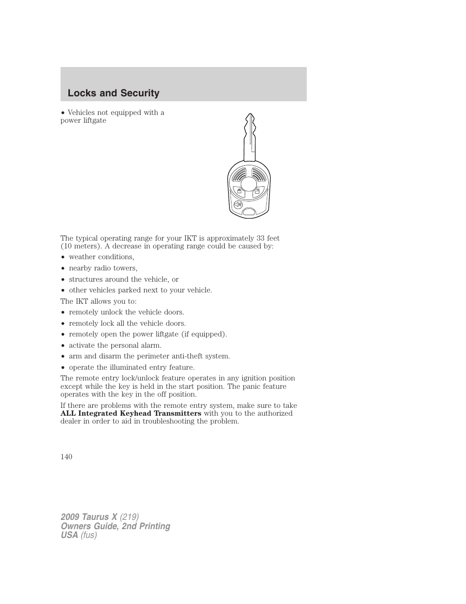 Locks and security | FORD 2009 Taurus X v.2 User Manual | Page 140 / 358