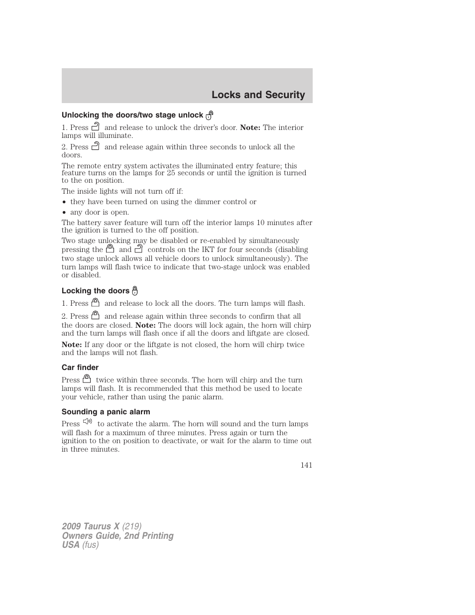 Unlocking the doors/two stage unlock, Locking the doors, Car finder | Sounding a panic alarm, Locks and security | FORD 2009 Taurus X v.2 User Manual | Page 141 / 358