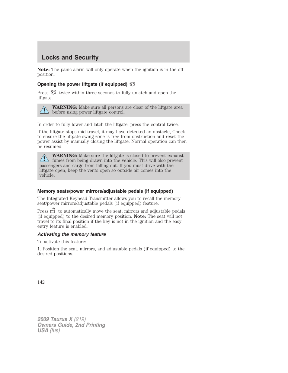 Opening the power liftgate (if equipped), Activating the memory feature, Locks and security | FORD 2009 Taurus X v.2 User Manual | Page 142 / 358