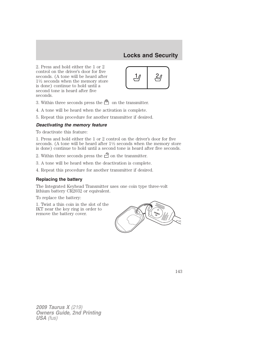 Deactivating the memory feature, Replacing the battery, Locks and security | FORD 2009 Taurus X v.2 User Manual | Page 143 / 358