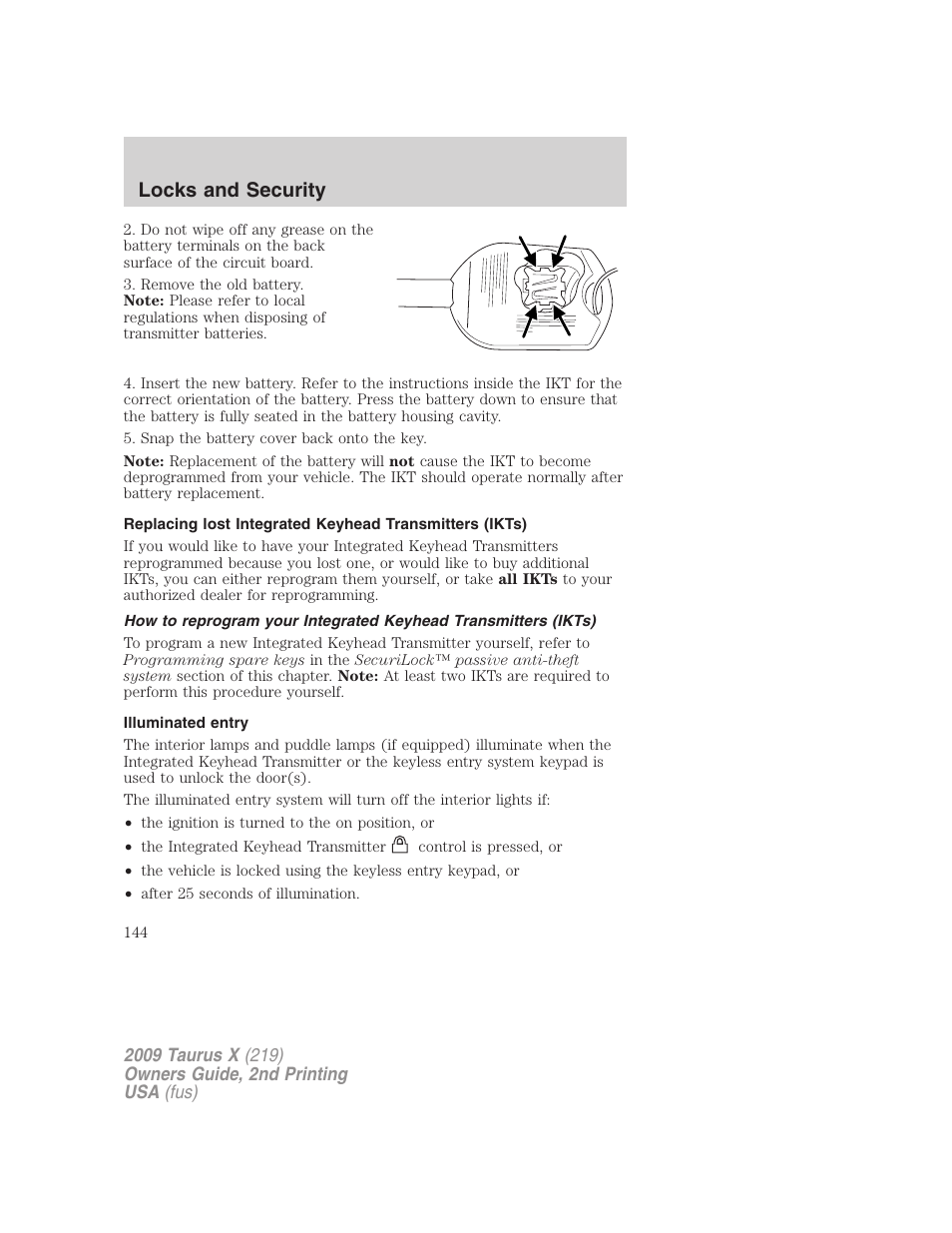 Illuminated entry, Locks and security | FORD 2009 Taurus X v.2 User Manual | Page 144 / 358