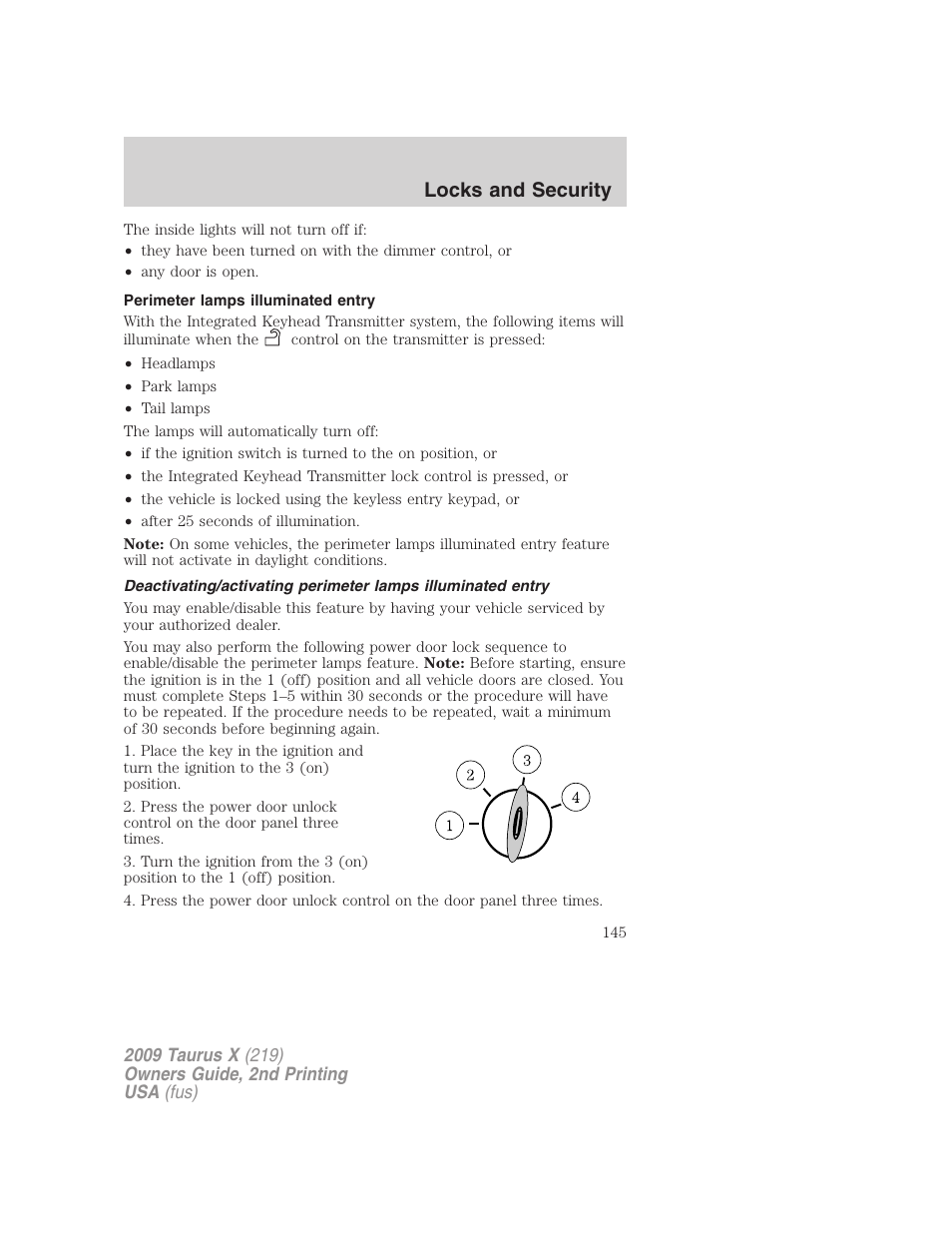 Perimeter lamps illuminated entry, Locks and security | FORD 2009 Taurus X v.2 User Manual | Page 145 / 358