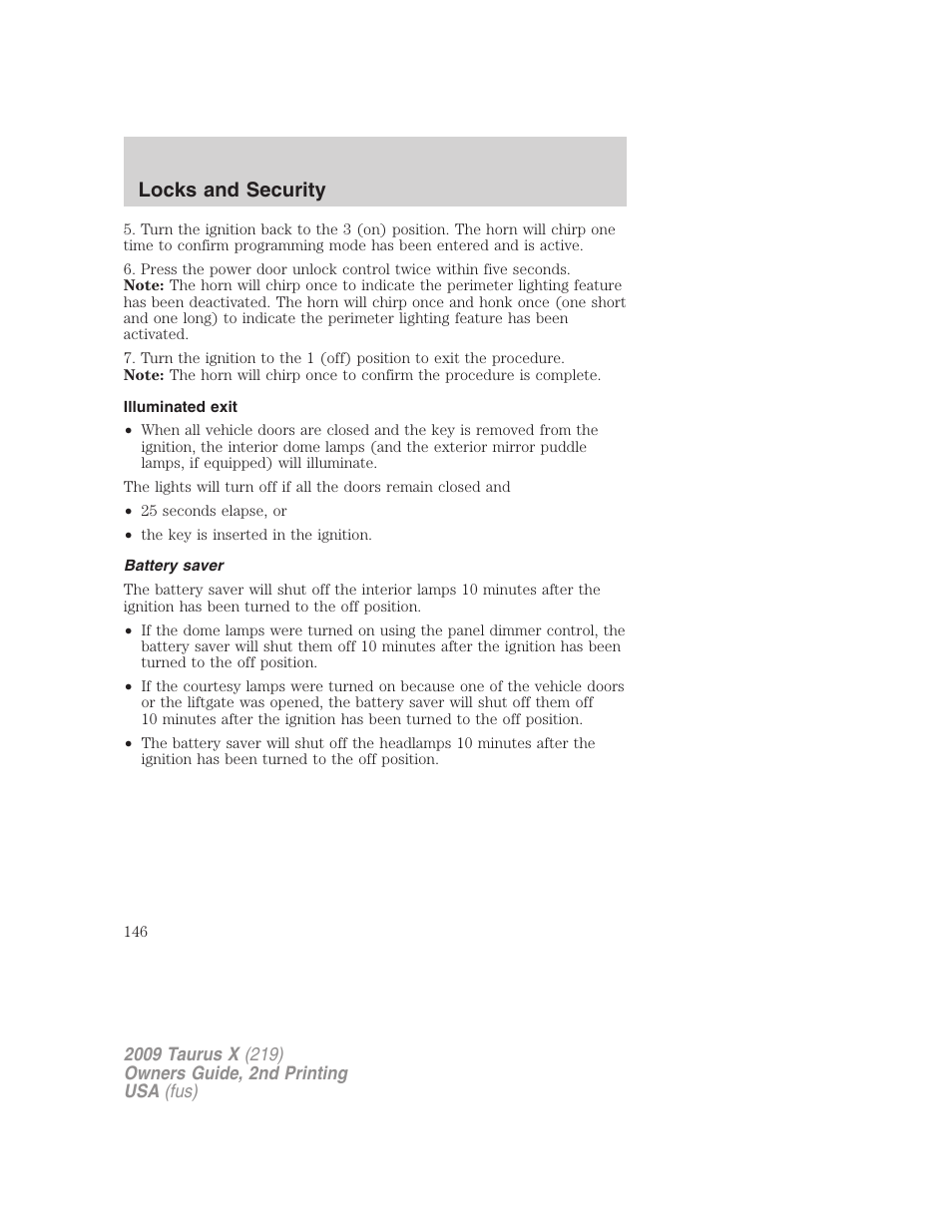 Illuminated exit, Battery saver, Locks and security | FORD 2009 Taurus X v.2 User Manual | Page 146 / 358