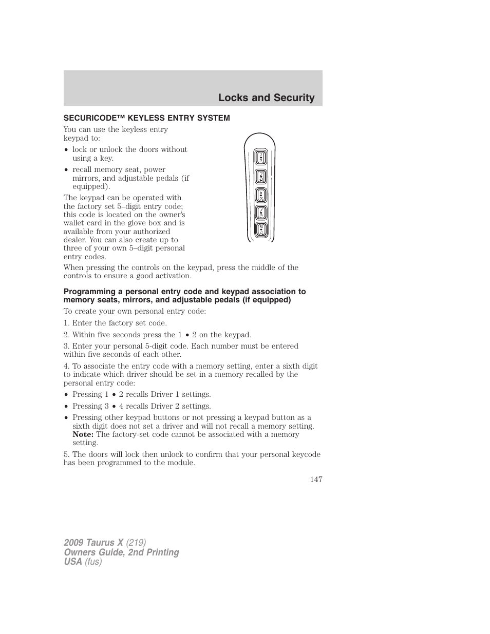 Securicode™ keyless entry system, Locks and security | FORD 2009 Taurus X v.2 User Manual | Page 147 / 358