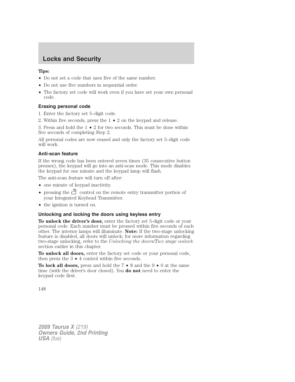 Erasing personal code, Anti-scan feature, Locks and security | FORD 2009 Taurus X v.2 User Manual | Page 148 / 358