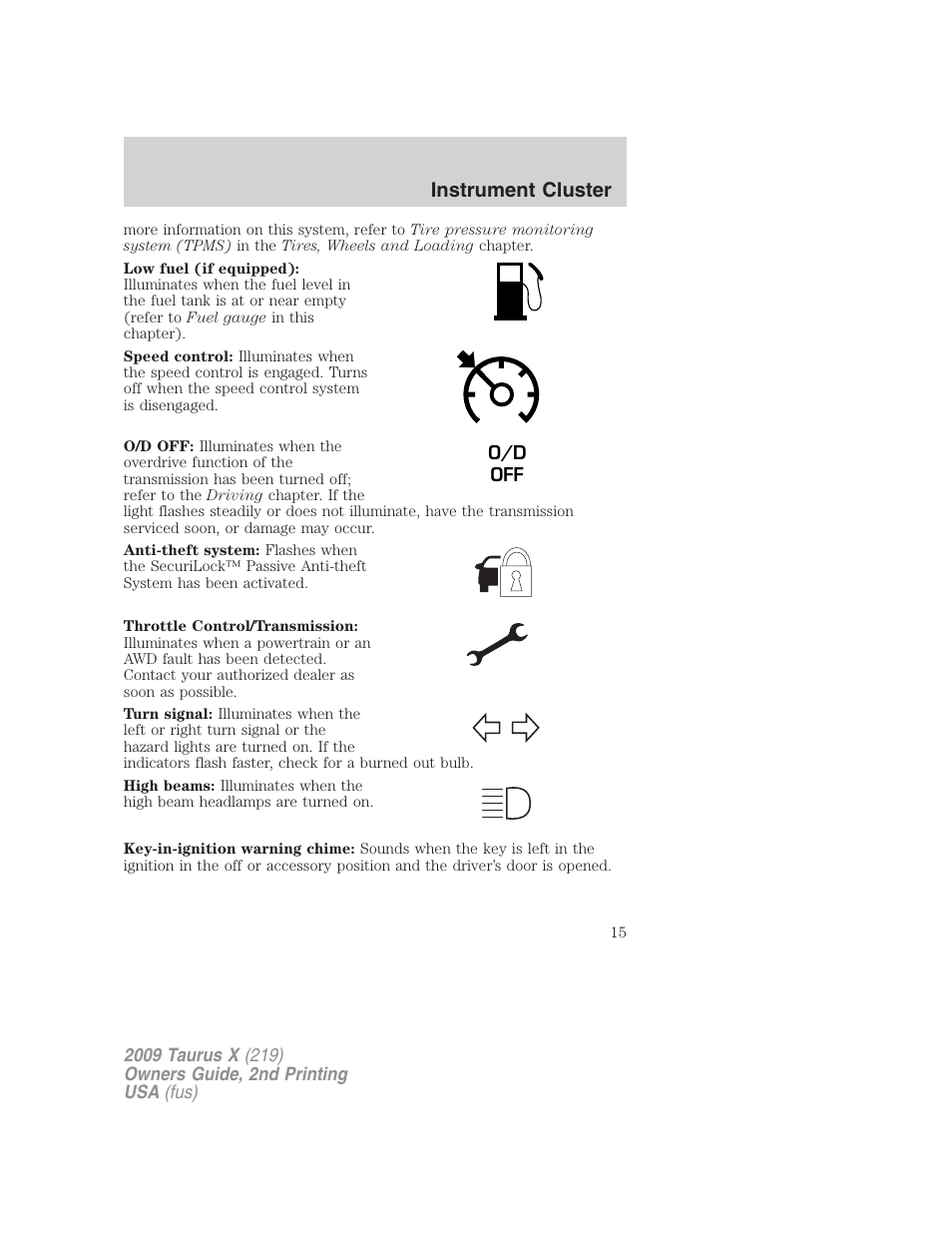 Instrument cluster | FORD 2009 Taurus X v.2 User Manual | Page 15 / 358