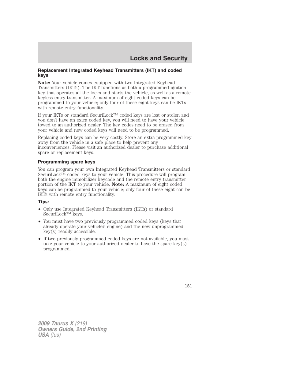 Programming spare keys, Locks and security | FORD 2009 Taurus X v.2 User Manual | Page 151 / 358