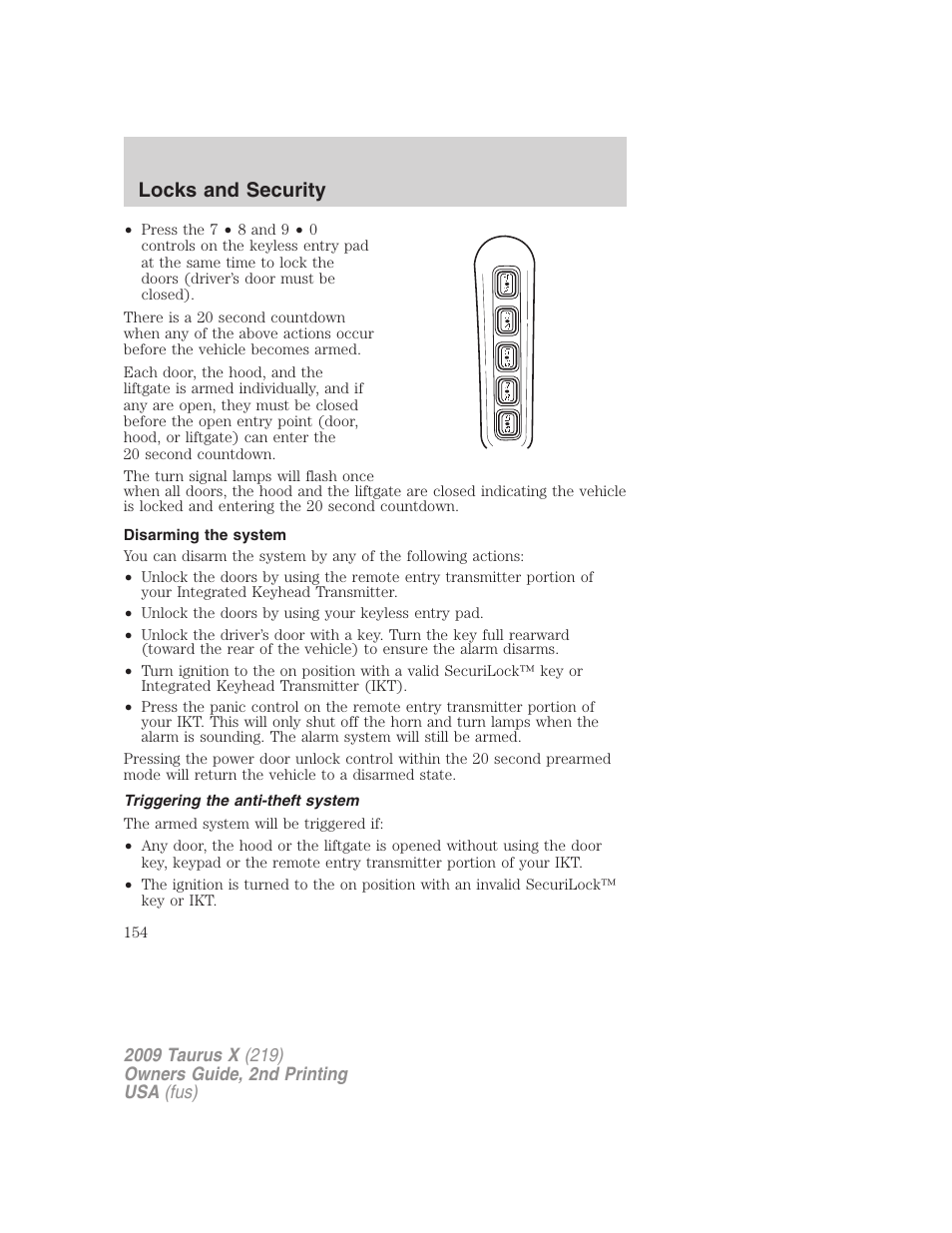 Disarming the system, Triggering the anti-theft system, Locks and security | FORD 2009 Taurus X v.2 User Manual | Page 154 / 358