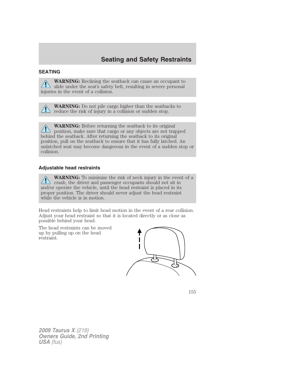Seating and safety restraints, Seating, Adjustable head restraints | FORD 2009 Taurus X v.2 User Manual | Page 155 / 358