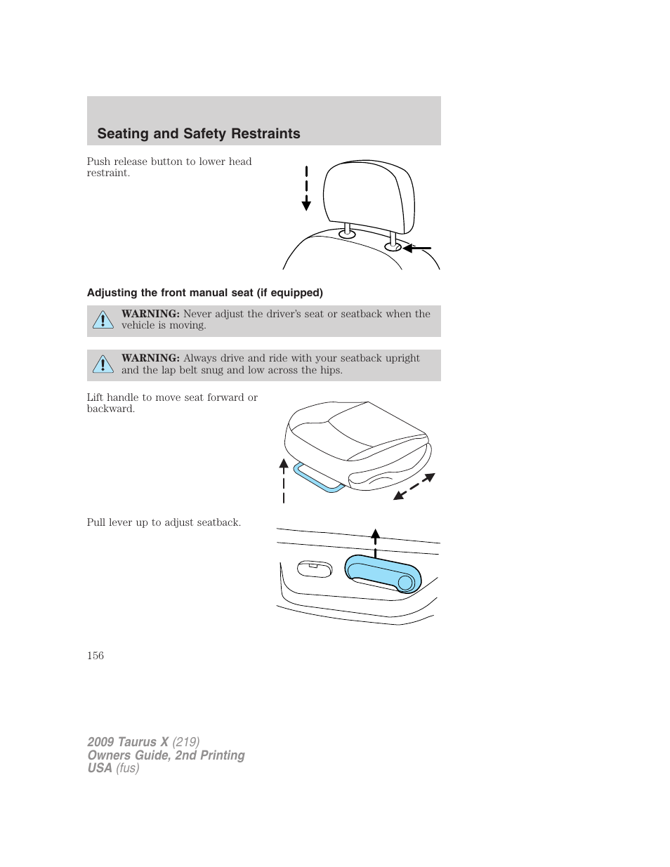 Adjusting the front manual seat (if equipped), Seating and safety restraints | FORD 2009 Taurus X v.2 User Manual | Page 156 / 358