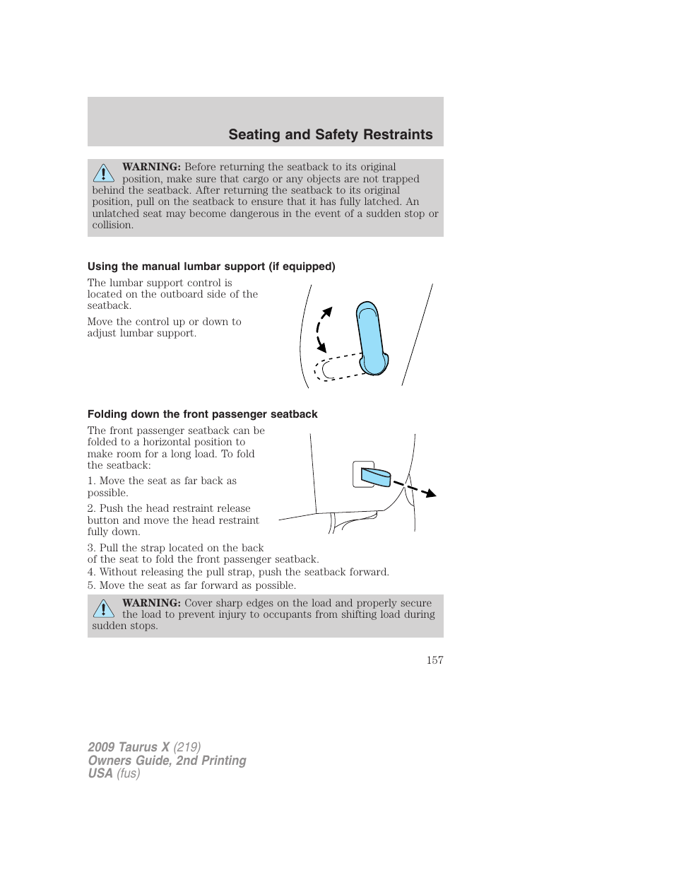 Using the manual lumbar support (if equipped), Folding down the front passenger seatback, Seating and safety restraints | FORD 2009 Taurus X v.2 User Manual | Page 157 / 358