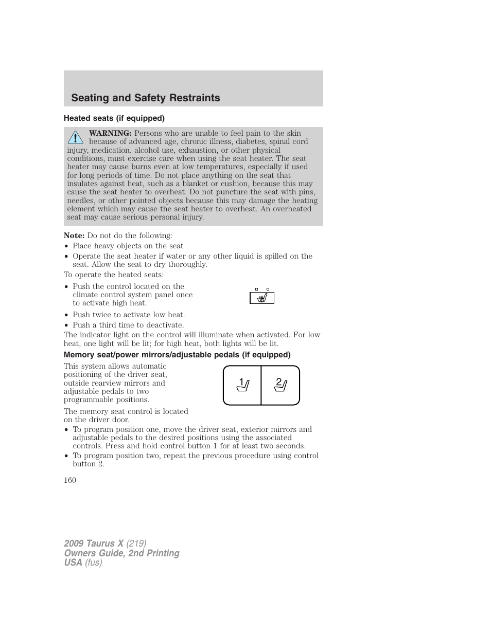 Heated seats (if equipped), Seating and safety restraints | FORD 2009 Taurus X v.2 User Manual | Page 160 / 358