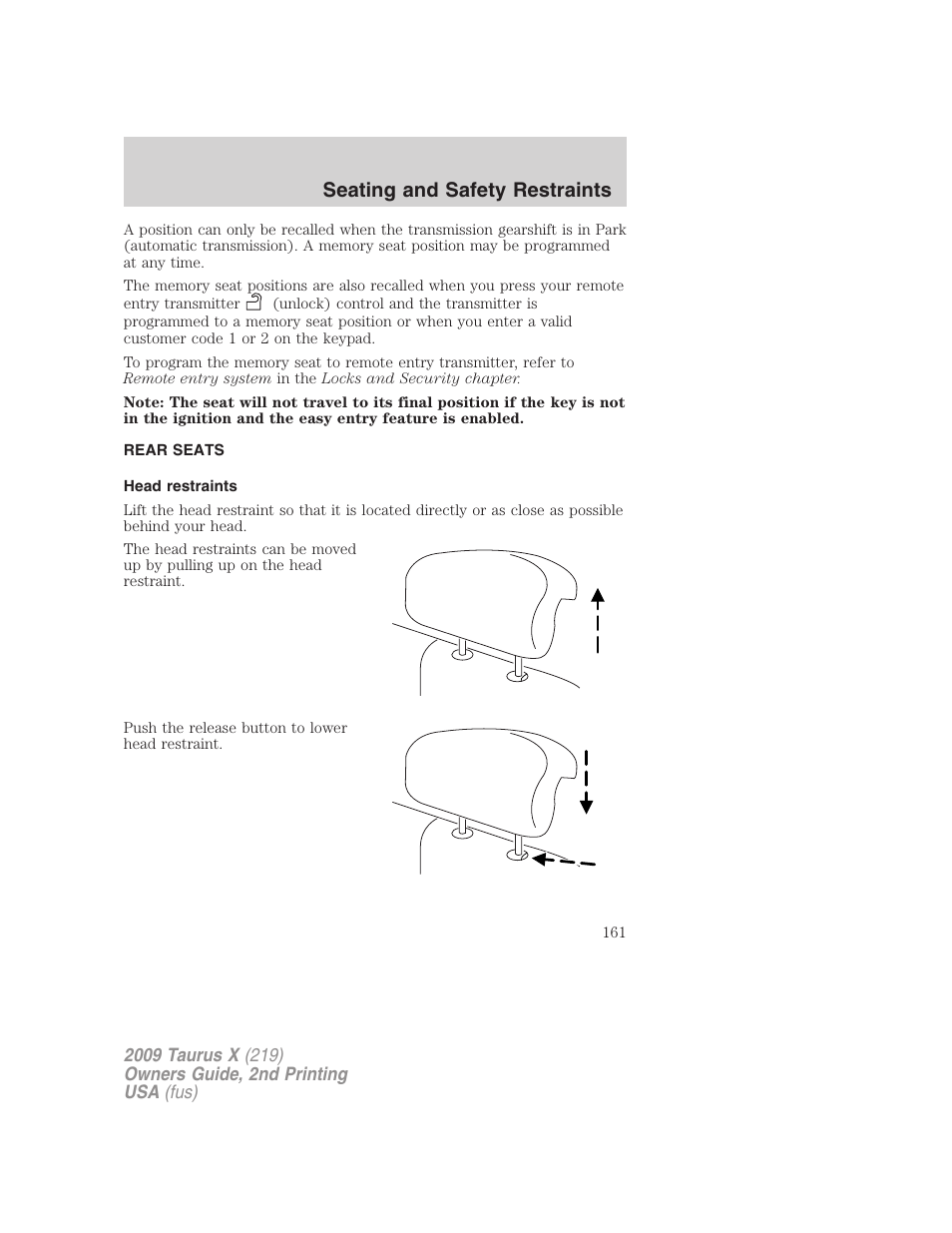 Rear seats, Head restraints, Seating and safety restraints | FORD 2009 Taurus X v.2 User Manual | Page 161 / 358