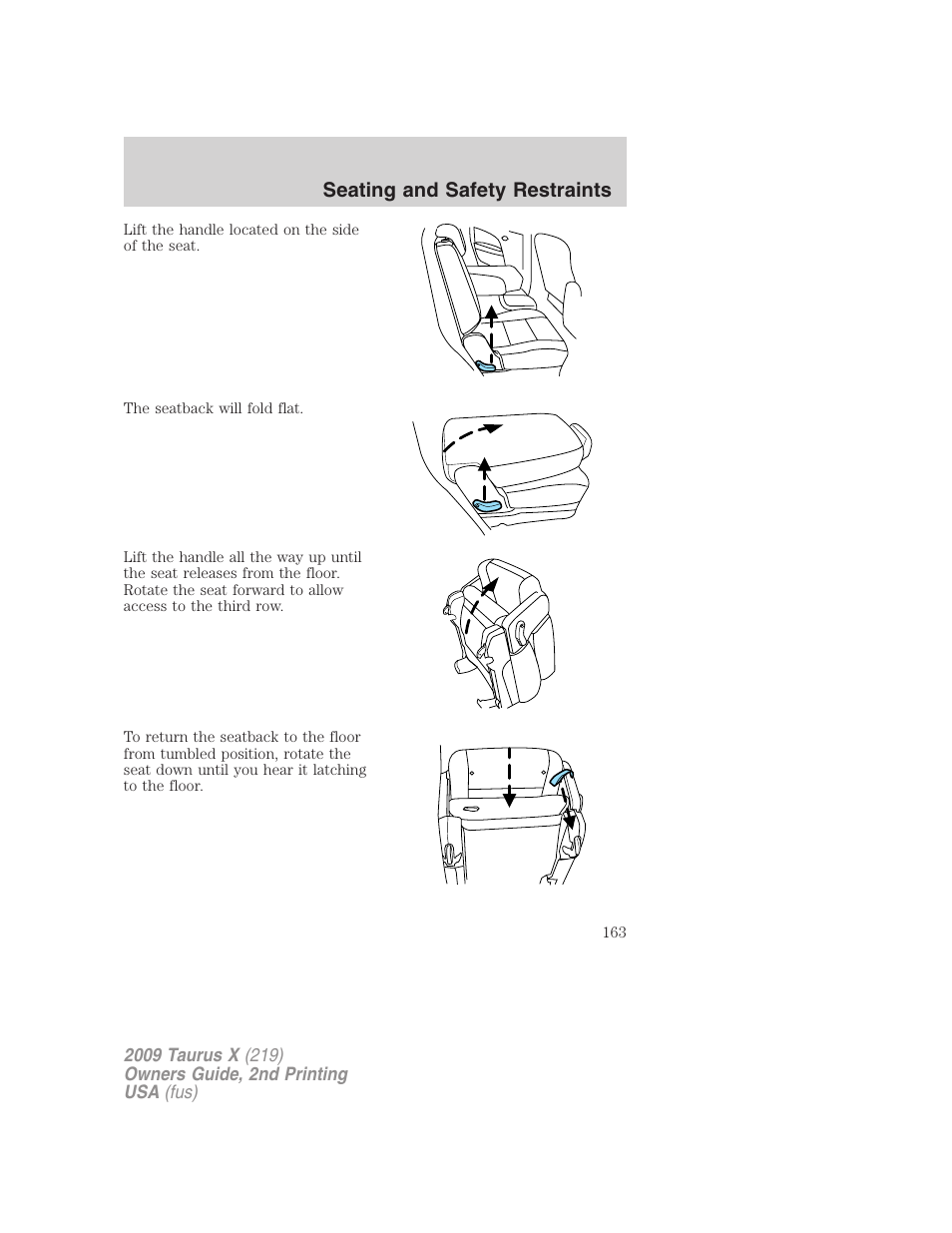 Seating and safety restraints | FORD 2009 Taurus X v.2 User Manual | Page 163 / 358