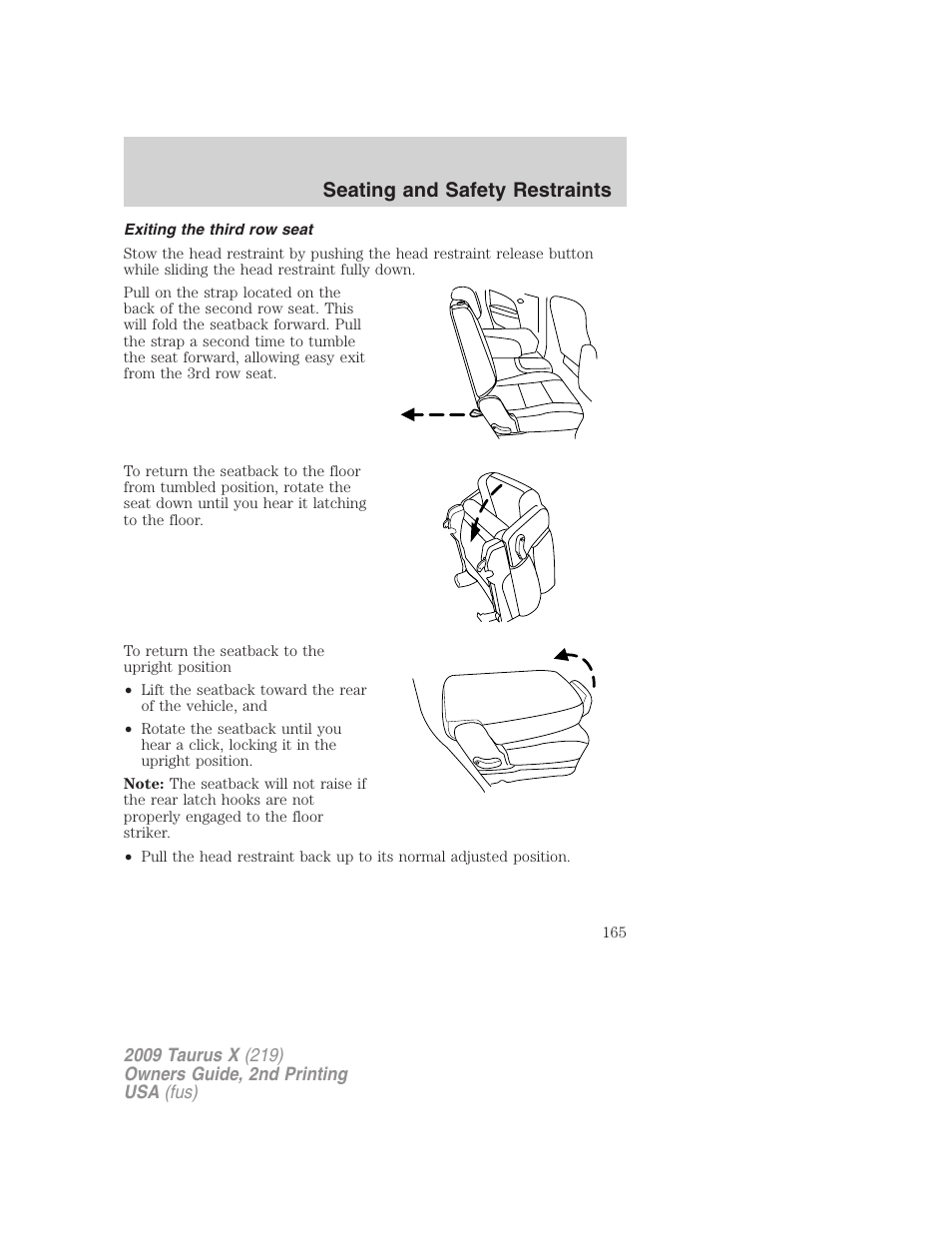 Exiting the third row seat, Seating and safety restraints | FORD 2009 Taurus X v.2 User Manual | Page 165 / 358