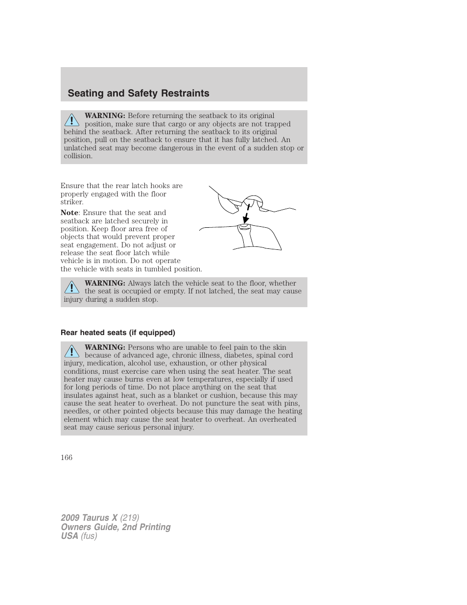 Rear heated seats (if equipped), Seating and safety restraints | FORD 2009 Taurus X v.2 User Manual | Page 166 / 358