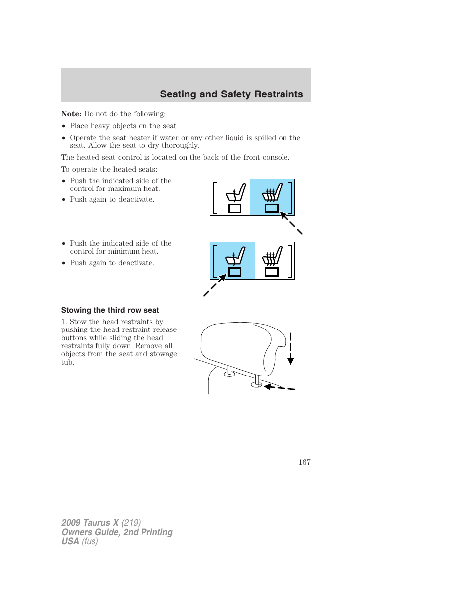Stowing the third row seat, Seating and safety restraints | FORD 2009 Taurus X v.2 User Manual | Page 167 / 358