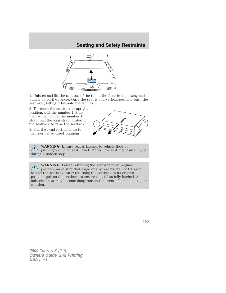 Seating and safety restraints | FORD 2009 Taurus X v.2 User Manual | Page 169 / 358