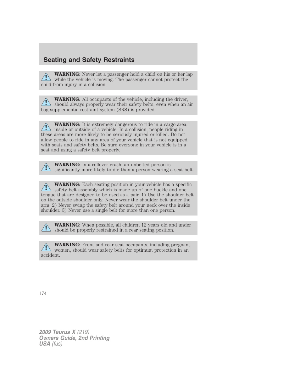 Seating and safety restraints | FORD 2009 Taurus X v.2 User Manual | Page 174 / 358