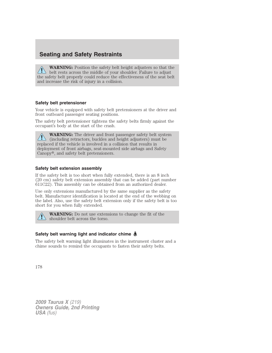 Safety belt pretensioner, Safety belt extension assembly, Safety belt warning light and indicator chime | Seating and safety restraints | FORD 2009 Taurus X v.2 User Manual | Page 178 / 358