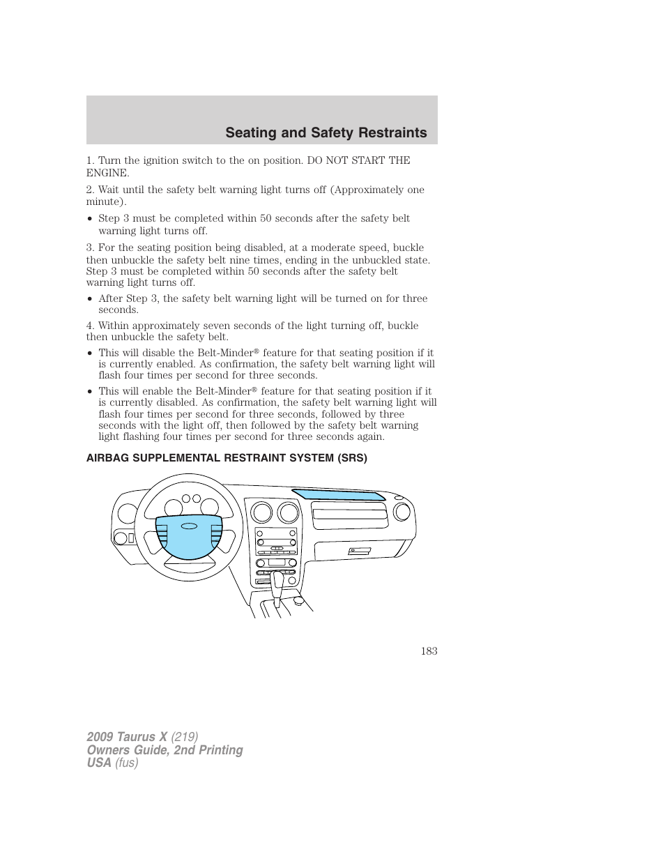 Airbag supplemental restraint system (srs), Airbags, Seating and safety restraints | FORD 2009 Taurus X v.2 User Manual | Page 183 / 358