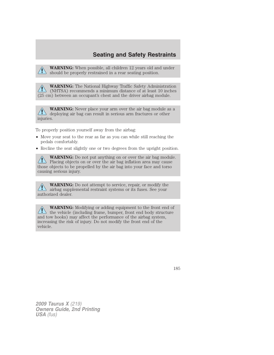Seating and safety restraints | FORD 2009 Taurus X v.2 User Manual | Page 185 / 358