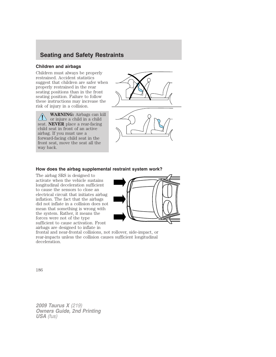 Children and airbags, Seating and safety restraints | FORD 2009 Taurus X v.2 User Manual | Page 186 / 358