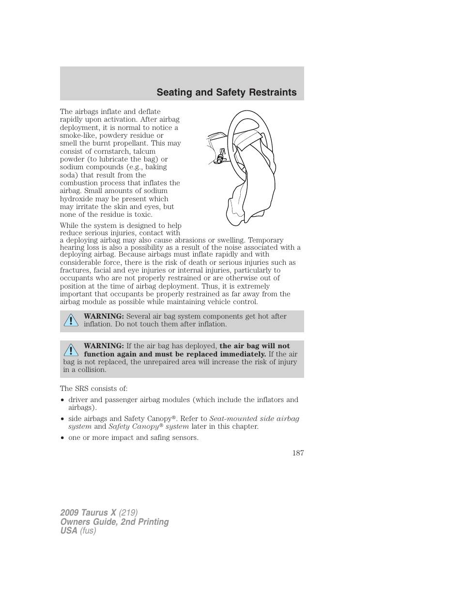 Seating and safety restraints | FORD 2009 Taurus X v.2 User Manual | Page 187 / 358