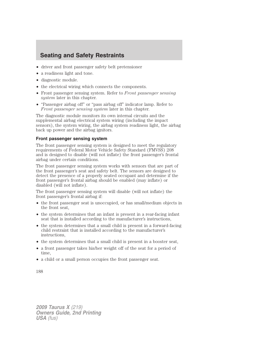 Front passenger sensing system, Seating and safety restraints | FORD 2009 Taurus X v.2 User Manual | Page 188 / 358