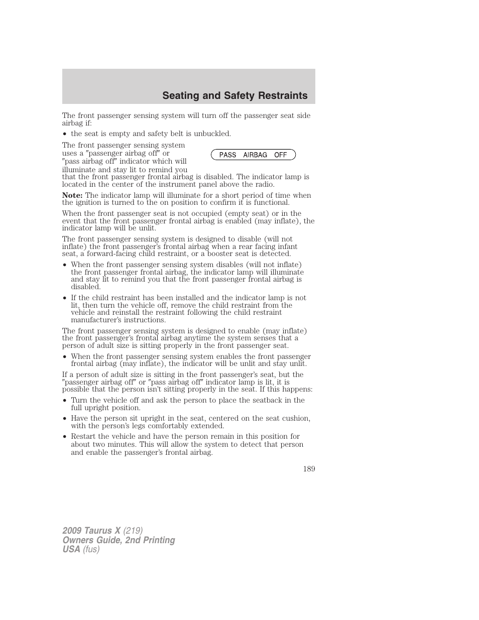 Seating and safety restraints | FORD 2009 Taurus X v.2 User Manual | Page 189 / 358