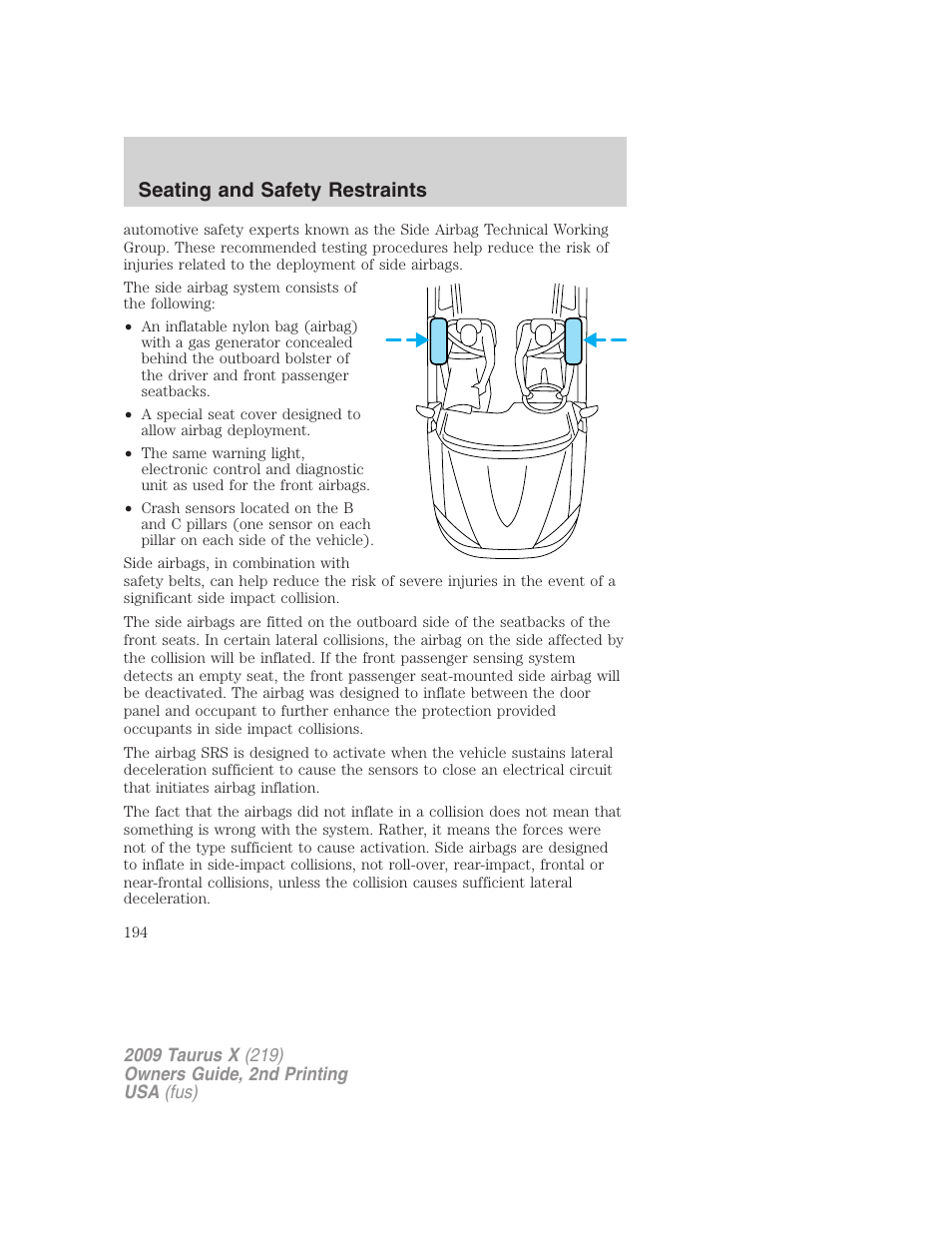 Seating and safety restraints | FORD 2009 Taurus X v.2 User Manual | Page 194 / 358