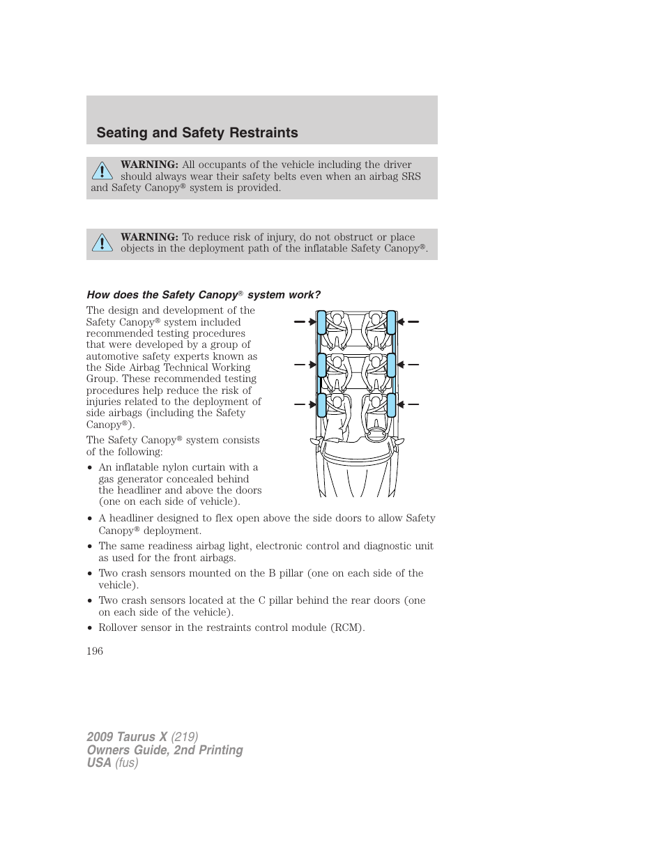 How does the safety canopy system work, Seating and safety restraints | FORD 2009 Taurus X v.2 User Manual | Page 196 / 358