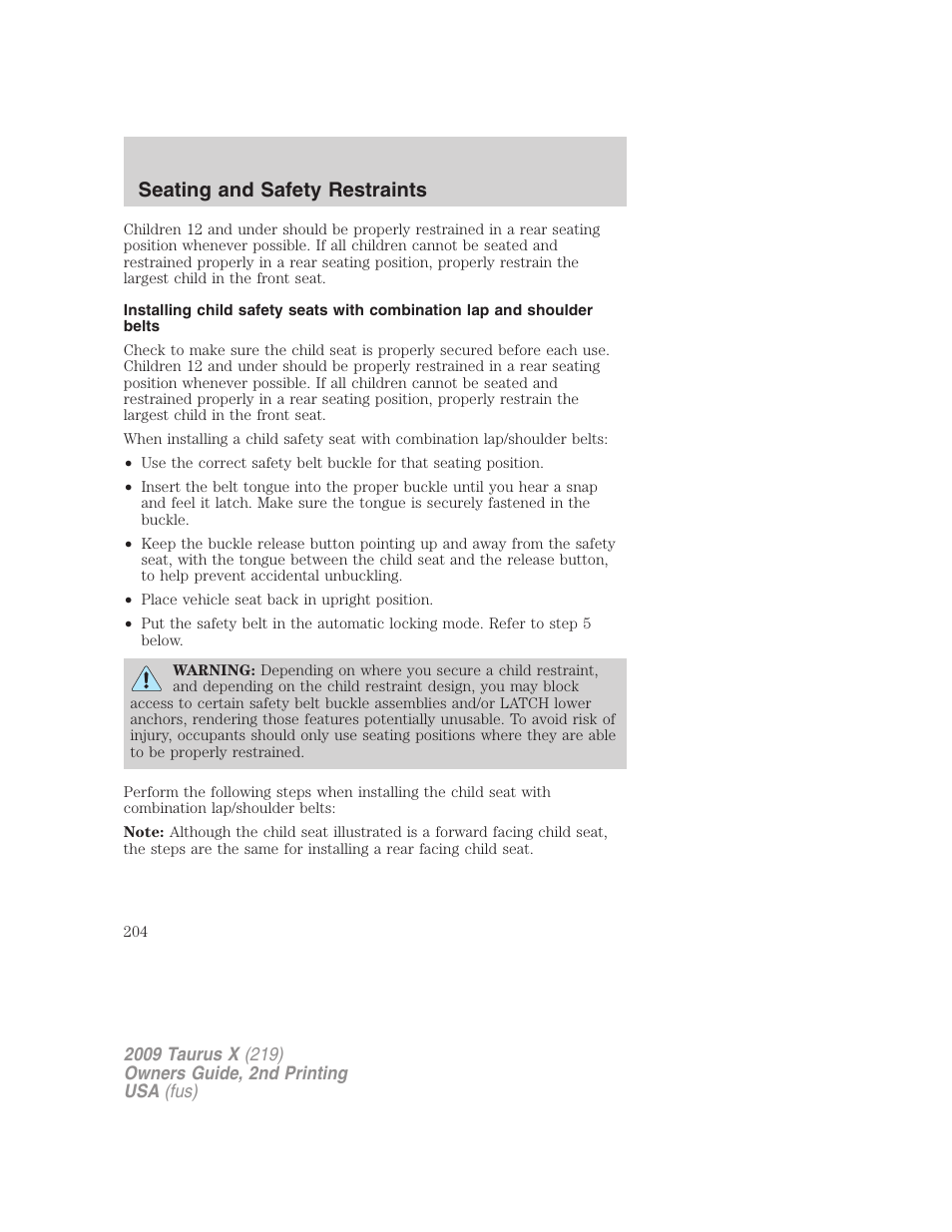 Seating and safety restraints | FORD 2009 Taurus X v.2 User Manual | Page 204 / 358