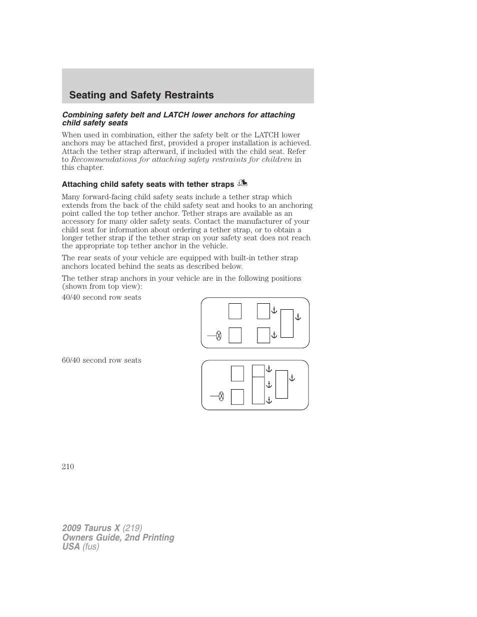 Attaching child safety seats with tether straps, Seating and safety restraints | FORD 2009 Taurus X v.2 User Manual | Page 210 / 358