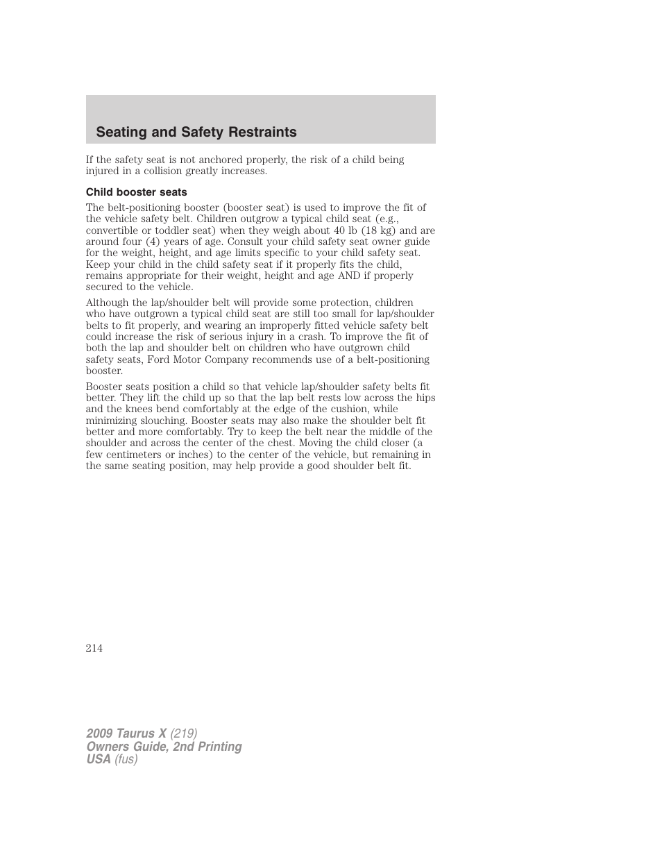 Child booster seats, Seating and safety restraints | FORD 2009 Taurus X v.2 User Manual | Page 214 / 358