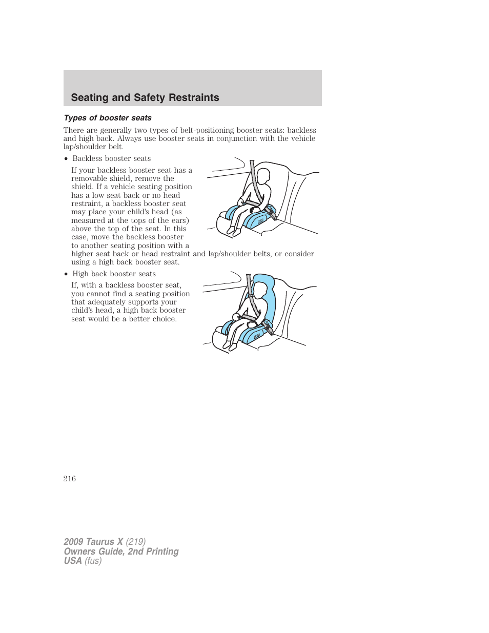 Types of booster seats, Seating and safety restraints | FORD 2009 Taurus X v.2 User Manual | Page 216 / 358