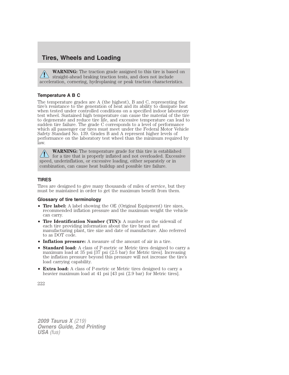 Temperature a b c, Tires, Glossary of tire terminology | Tires, wheels and loading | FORD 2009 Taurus X v.2 User Manual | Page 222 / 358