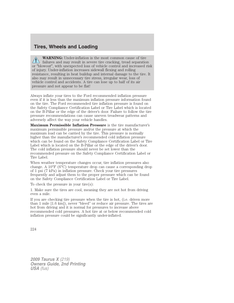 Tires, wheels and loading | FORD 2009 Taurus X v.2 User Manual | Page 224 / 358