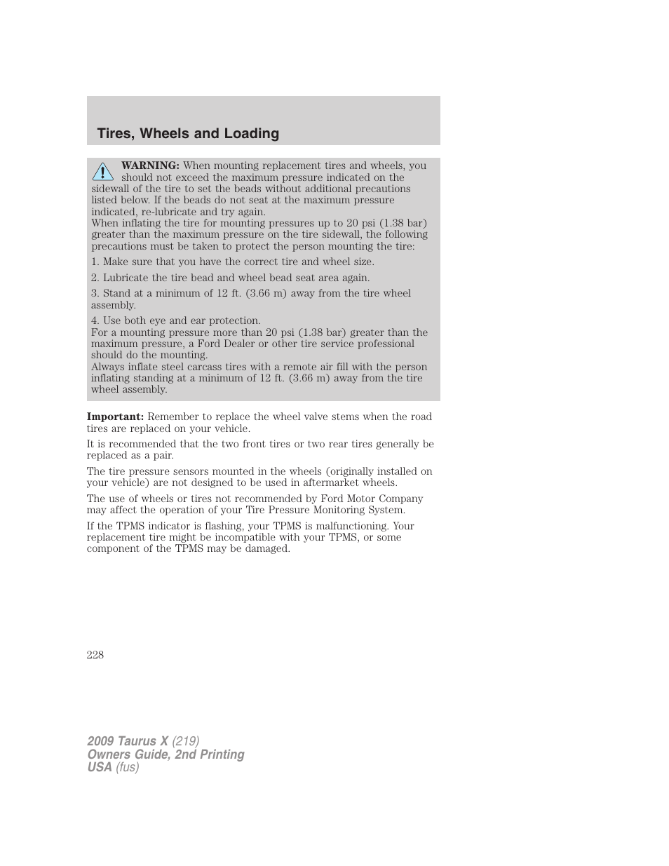 Tires, wheels and loading | FORD 2009 Taurus X v.2 User Manual | Page 228 / 358