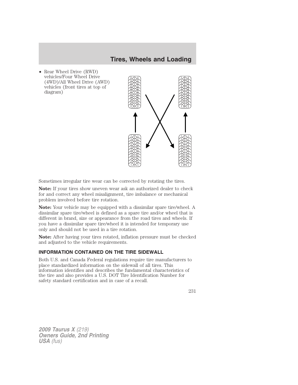 Information contained on the tire sidewall, Tires, wheels and loading | FORD 2009 Taurus X v.2 User Manual | Page 231 / 358